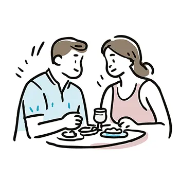 レストランでワインを飲みながら食事を楽しむカップル（男女）の無料イラスト。