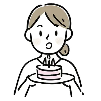誕生日ケーキを両手に持ち、嬉しそうに驚く女性の無料イラスト。