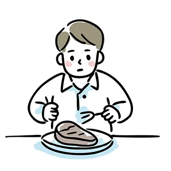 ナイフとフォークを手に持ち、ステーキを食べようとしている男性の人物イラスト。