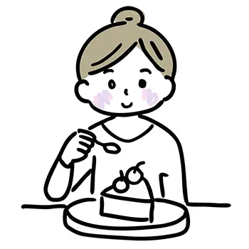 笑顔でケーキ（デザート）をスプーンで食べている女性の無料イラスト。