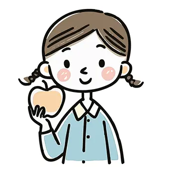 笑顔でりんご（果物）を手に持つ、おさげ髪の女の子の無料イラスト。