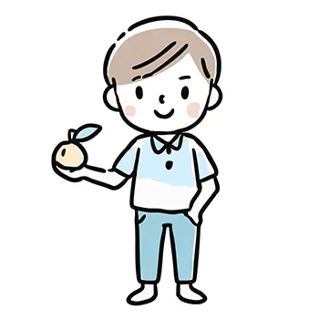 片手に果物(梨またはりんご)を持って笑顔で立つ男性(男の子)の無料イラスト。