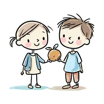 男の子と女の子が二人で一つの大きな果物（みかん・りんご）を一緒に持っている無料イラスト。