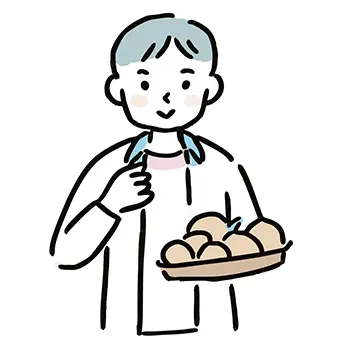 収穫した野菜（じゃがいも）が入ったカゴを持つシニア男性（農家）の無料イラスト。