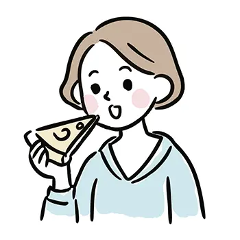 一切れのチーズケーキ（スイーツ）を手に持って食べる女性の無料イラスト。