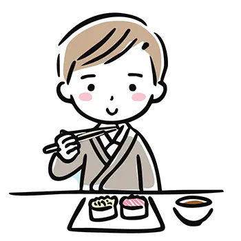和服（着物）を着て、箸でにぎり寿司を食べようとする男性の無料イラスト。