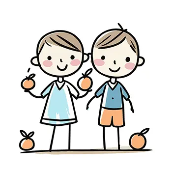 笑顔でみかん（果物）を持って立っている二人の子供（男の子と女の子）の無料イラスト。