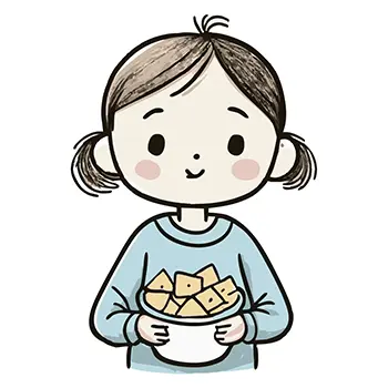 お菓子（スナック）が入ったボウルを両手で持つ、おさげ髪の女の子の無料イラスト。