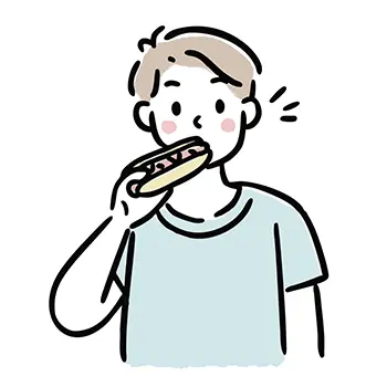 ホットドッグを大きく口を開けて食べようとしている男性（男の子）の無料イラスト。