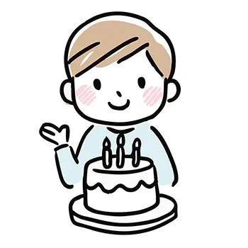 ろうそくが立った誕生日ケーキの横で笑顔で手を差し出す男性（男の子）の無料イラスト。