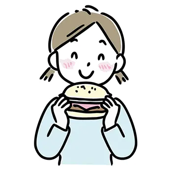 大きなハンバーガーを両手で持って嬉しそうに食べる、おさげ髪の女の子の無料イラスト。