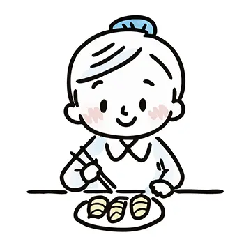 笑顔で箸を使い、お皿の寿司（いなり寿司）を食べようとする女性の無料イラスト。