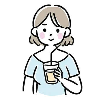 ストローが差さったグラスのジュース（飲み物）を持って微笑む女性の無料イラスト。