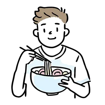 笑顔で箸を使い、丼のラーメン（麺類）を食べる男性の無料イラスト。