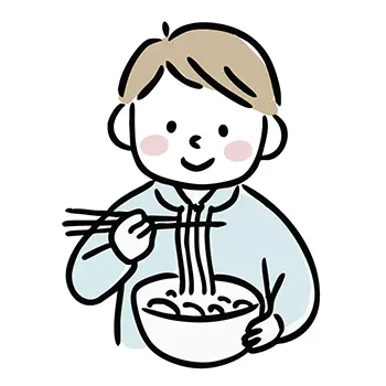 笑顔で丼を持ち、箸で麺類（うどん・ラーメン）を食べる男性（男の子）の無料イラスト。
