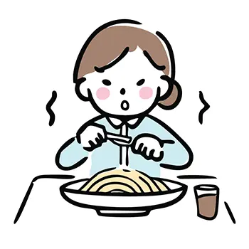 湯気が立つパスタ（スパゲッティ）をフォークとスプーンで食べようとする女性の無料イラスト。