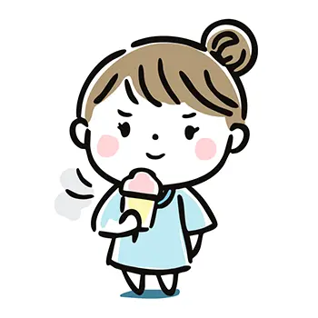 アイスクリーム（ソフトクリーム）を手に持ち、得意げな笑顔（ドヤ顔）を浮かべる女の子の無料イラスト。