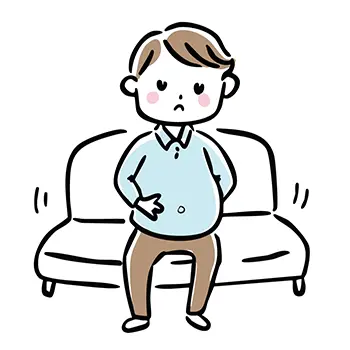 ソファに座り、食べ過ぎ（満腹・肥満）で大きくなったお腹をさする男性の無料イラスト。