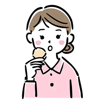 シュークリーム（お菓子）を手に持ち、驚いた表情を浮かべる女性の無料イラスト。