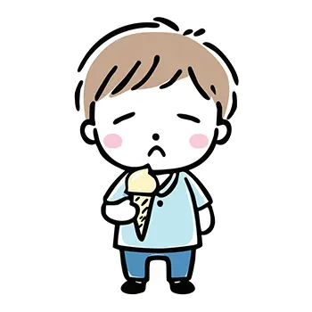 溶けたアイスクリーム(ソフトクリーム)を持ち、悲しそうな顔でうつむく男の子の無料イラスト。