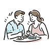 レストランでワインを飲みながら食事を楽しむカップル（男女）の無料イラスト。