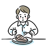 ナイフとフォークを手に持ち、ステーキを食べようとしている男性の人物イラスト。