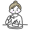 笑顔でケーキ（デザート）をスプーンで食べている女性の無料イラスト。
