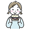 大きなハンバーガーを両手で持って嬉しそうに食べる、おさげ髪の女の子の無料イラスト。