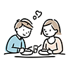 向かい合って食事をするカップル（男女）の無料イラスト。男性からハートマークが出ている。