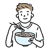 笑顔で箸を使い、丼のラーメン（麺類）を食べる男性の無料イラスト。