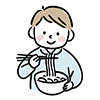 笑顔で丼を持ち、箸で麺類（うどん・ラーメン）を食べる男性（男の子）の無料イラスト。
