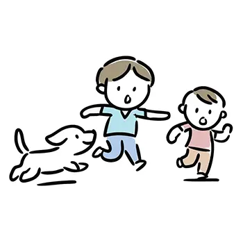 2人の子供と犬が一緒に楽しそうに走っている様子の無料イラスト
