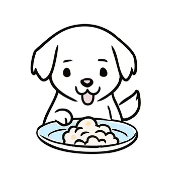 お皿のご飯を前に嬉しそうにしている白い犬の無料イラスト
