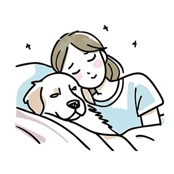 犬を抱きしめて一緒にベッドで寝る女性の無料イラスト