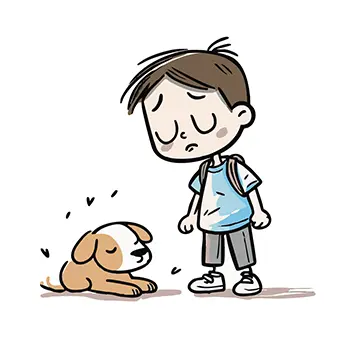 元気がない犬を心配そうに見つめる男の子の無料イラスト