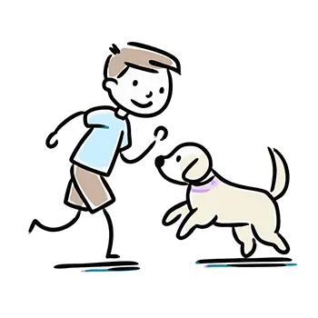 シンプルな線画で描かれた、遊んでいる男の子と犬の無料イラスト