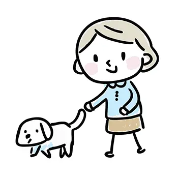白い犬を連れて散歩をしている女性の無料イラスト