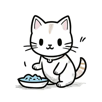 お皿に入ったご飯を食べている可愛い猫の無料イラスト