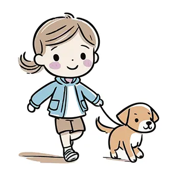 可愛い子犬を連れて楽しそうに散歩する女の子の無料イラスト