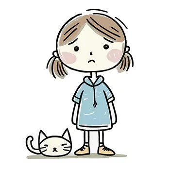 悲しそうな表情で立っている女の子と足元の猫の無料イラスト