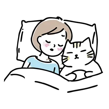 ベッドで猫と一緒に寝ている人物の無料イラスト(猫は眠そうな顔)