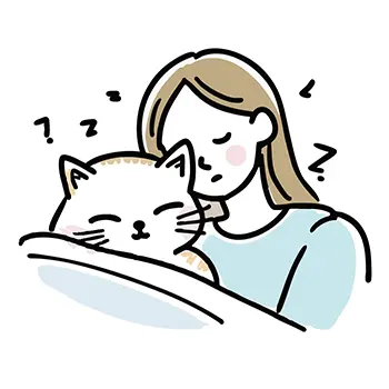 女性と猫がベッドで寄り添って一緒に寝ている無料イラスト