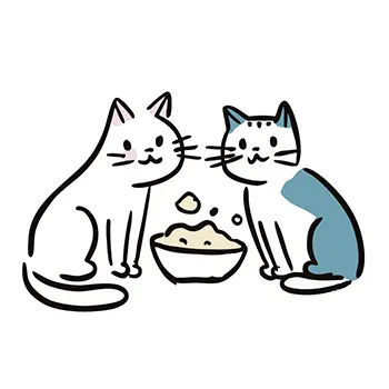 2匹の猫がご飯の入ったお皿を囲んで座っている無料イラスト