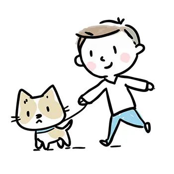 男の子が不満そうな顔の猫をリードにつないで散歩している無料イラスト