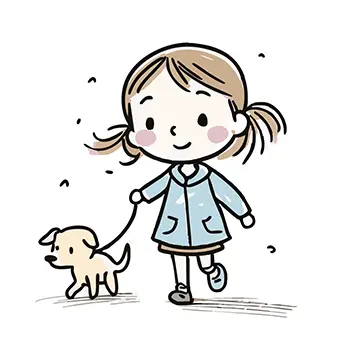小さな犬を連れて笑顔で散歩をしているツインテールの女の子の無料イラスト