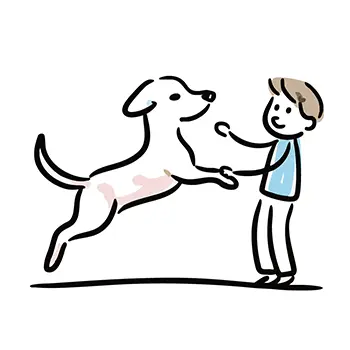 嬉しそうに飛びついてくる犬を受け止める男の子の無料イラスト