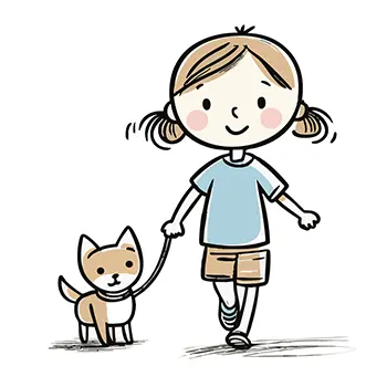 ツインテールの女の子が柴犬のような犬を連れて散歩している無料イラスト