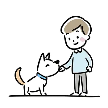 男の子が犬の鼻先に優しく手を差し出して触れ合っている無料イラスト