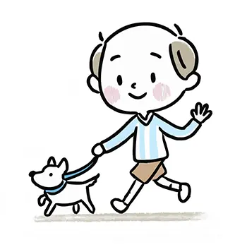 白い犬を連れて散歩をしながら笑顔で手を振っている男の子の無料イラスト
