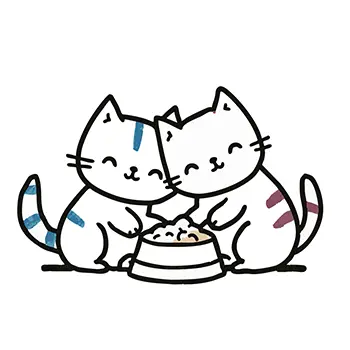 2匹の猫が顔を寄せ合って一つのお皿から仲良くご飯を食べている無料イラスト